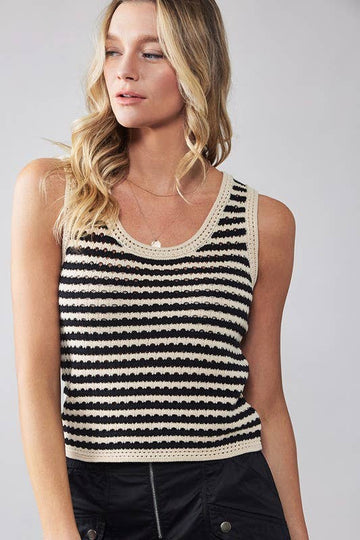 STRIPE CROCHET KNIT TANK TOP: BLACK / S-2/M-2/L-2