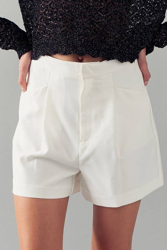 HIGH WAIST HIDDEN CLOSURE PLEATED SHORTS: WHITE / S-2/M-2/L-2