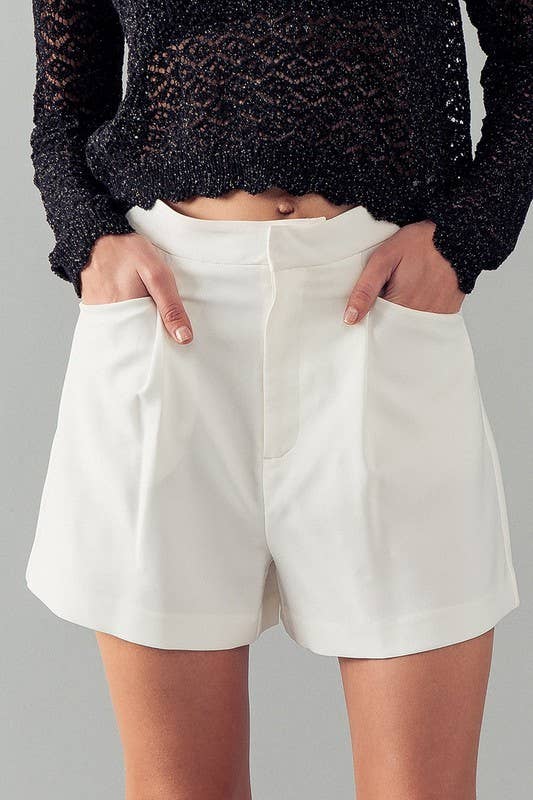 HIGH WAIST HIDDEN CLOSURE PLEATED SHORTS: WHITE / S-2/M-2/L-2