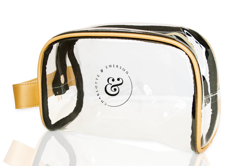 Clear cosmetic bag with gold and black trim