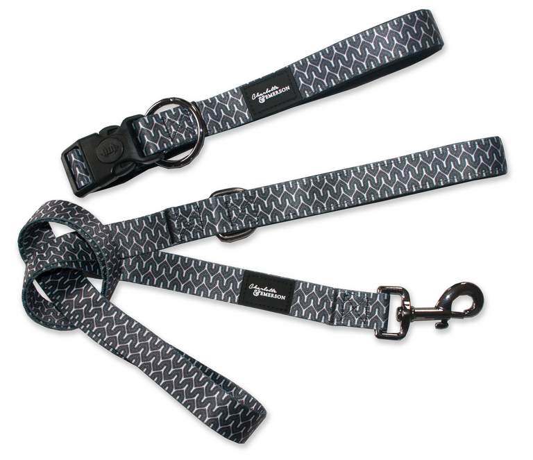 Charlotte & Emerson The Myles Collection Premium Dog Collar & Leash Set - Black and White Geometric