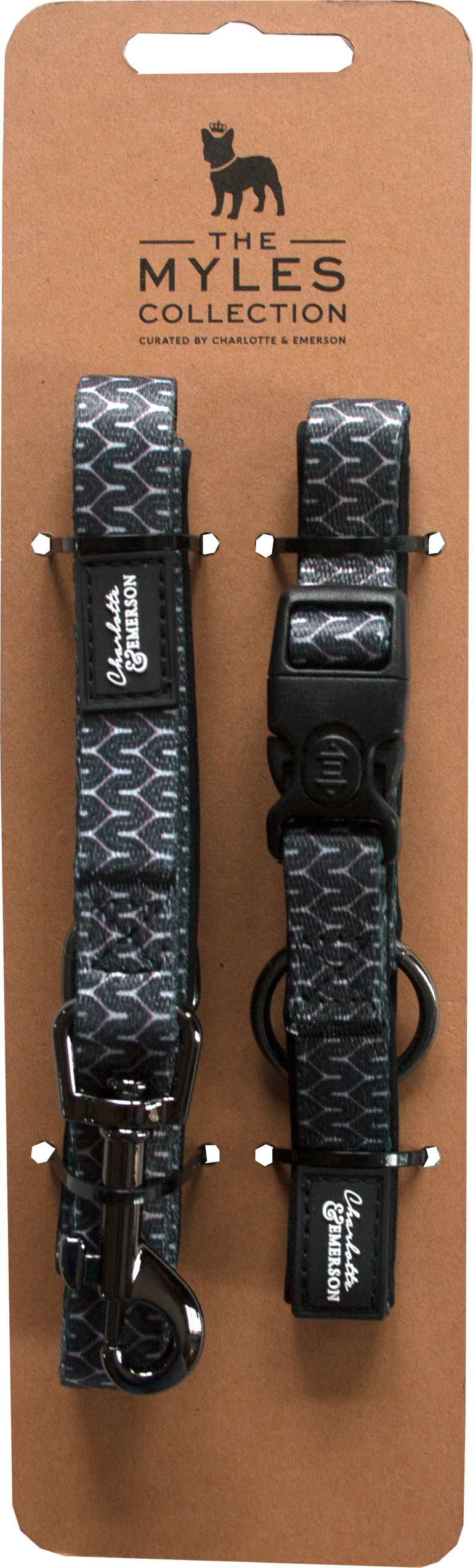 Charlotte & Emerson The Myles Collection Premium Dog Collar & Leash Set - Black and White Geometric